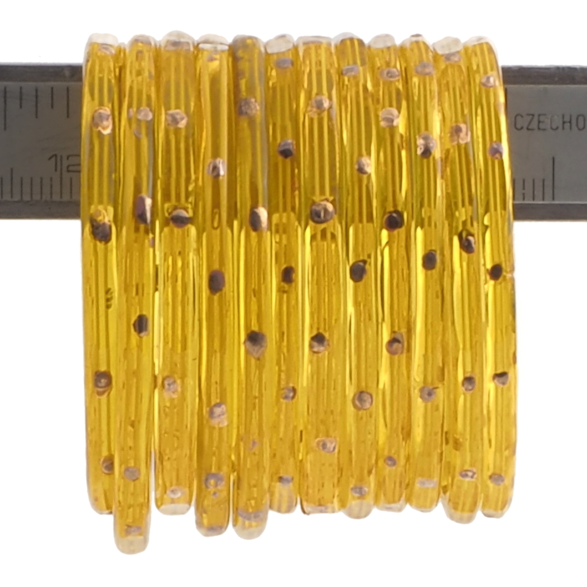 Lot (12) antique Czech gold gilt white striped golden yellow bicolor glass bangles rings