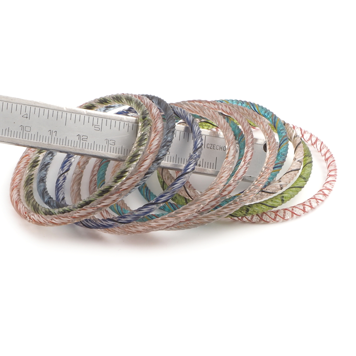 Lot (12) antique Czech filigree tricolor spiral ribbed glass bangles hoops rings