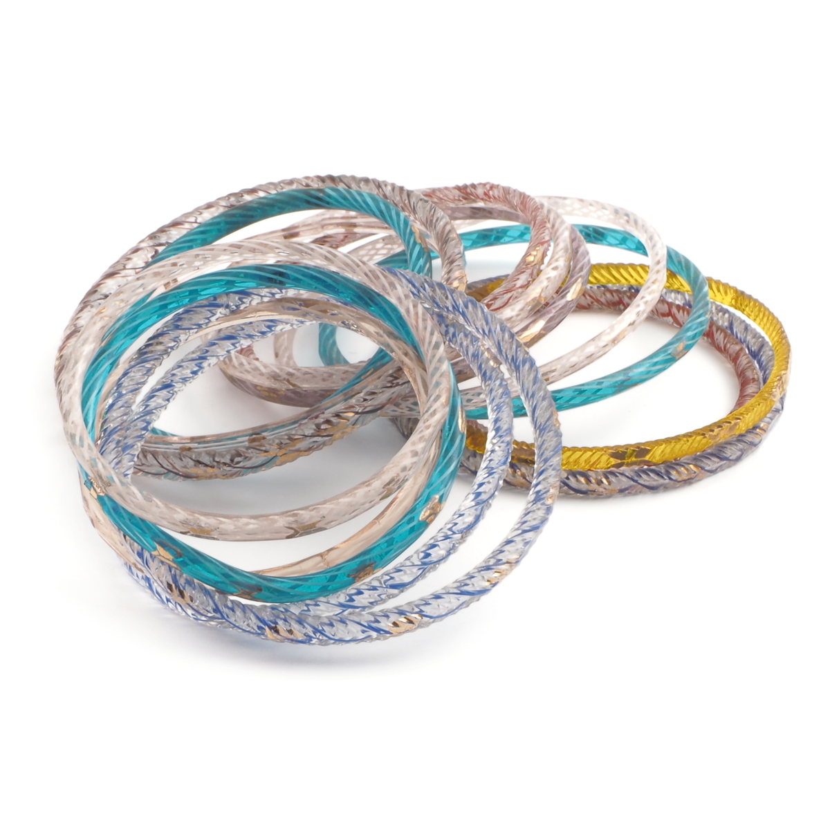 Lot (16) antique Czech transparent bicolor filigree spiral gold gilt glass bangles hoops rings
