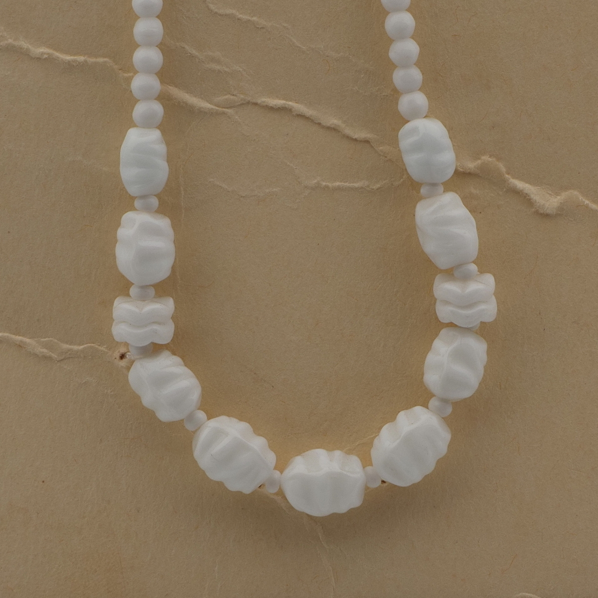 Vintage Czech necklace white oval ribbed rondelle glass beads 
