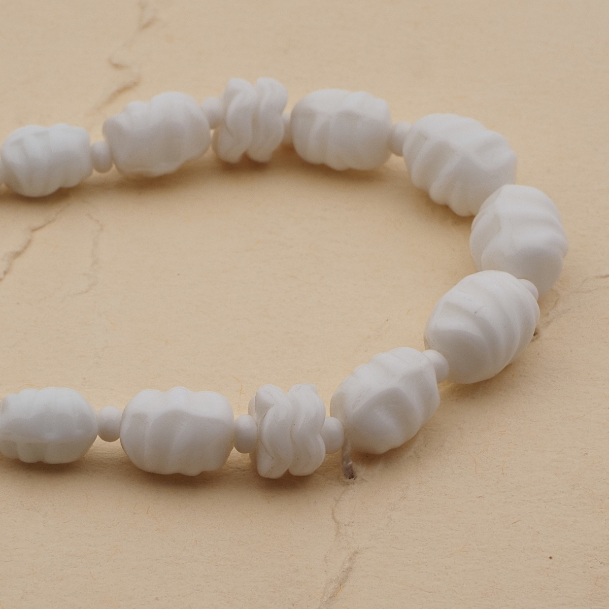 Vintage Czech necklace white oval ribbed rondelle glass beads 