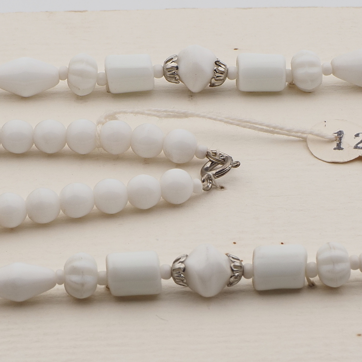 Vintage Czech necklace white round bicone bugle flower glass beads 27"