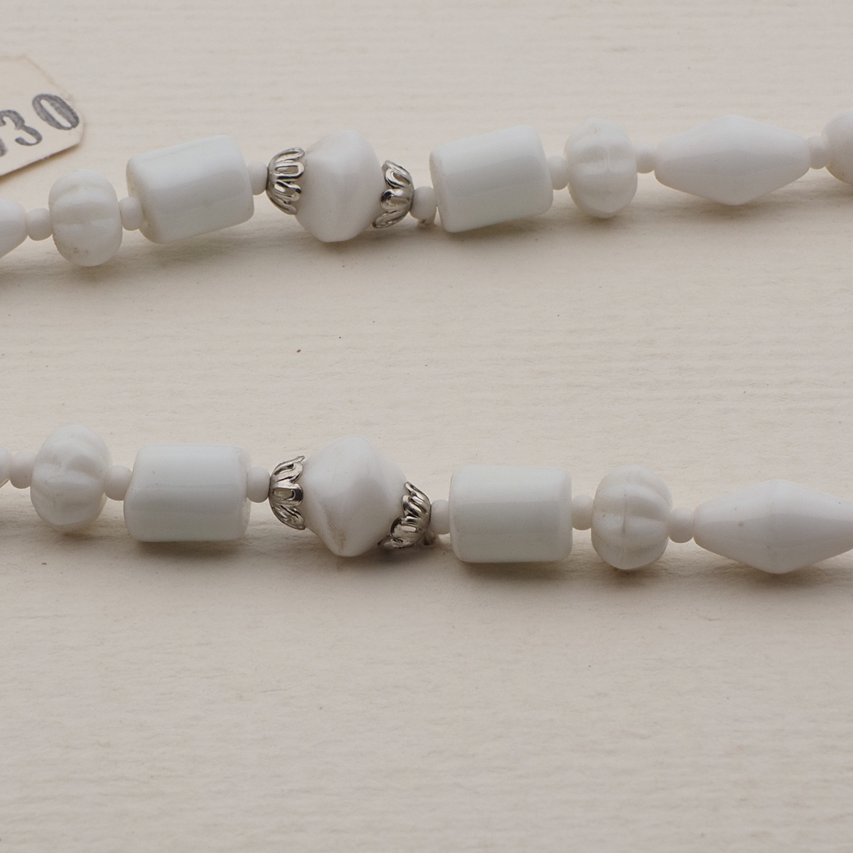 Vintage Czech necklace white round bicone bugle flower glass beads 16"