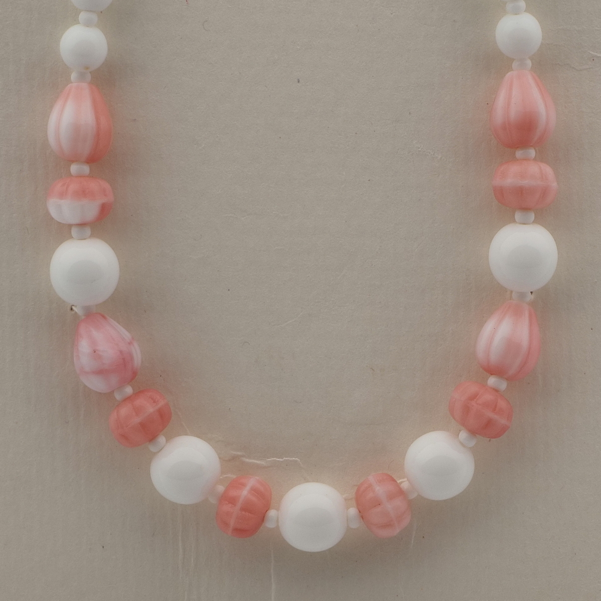 Vintage Czech necklace white pink marble glass beads 16"