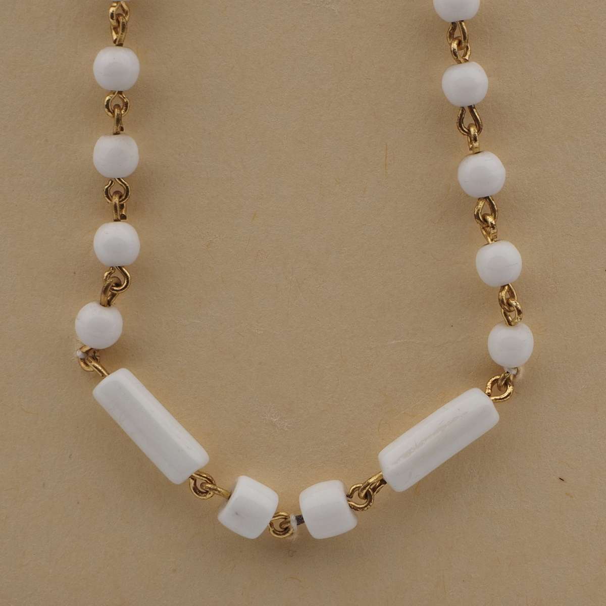 Vintage Czech link necklace white round bugle glass beads