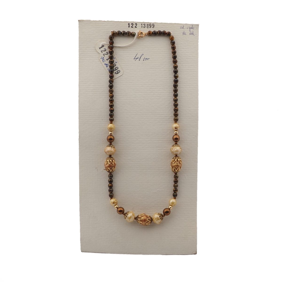 Vintage Czech necklace beige brown marble glass beads 19"
