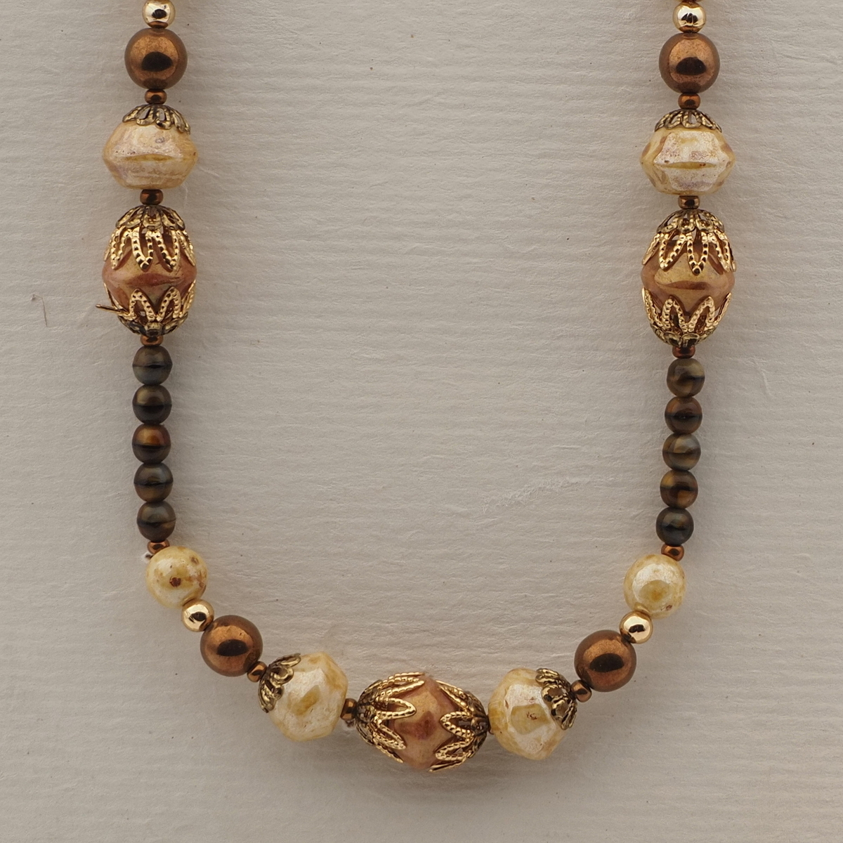 Vintage Czech necklace beige brown marble glass beads 19"