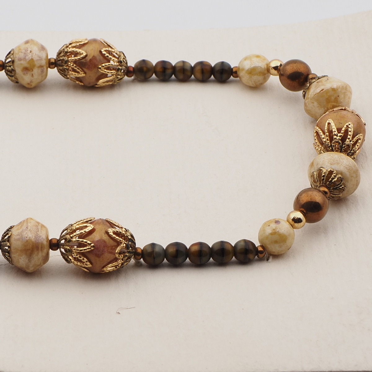 Vintage Czech necklace beige brown marble glass beads 19"