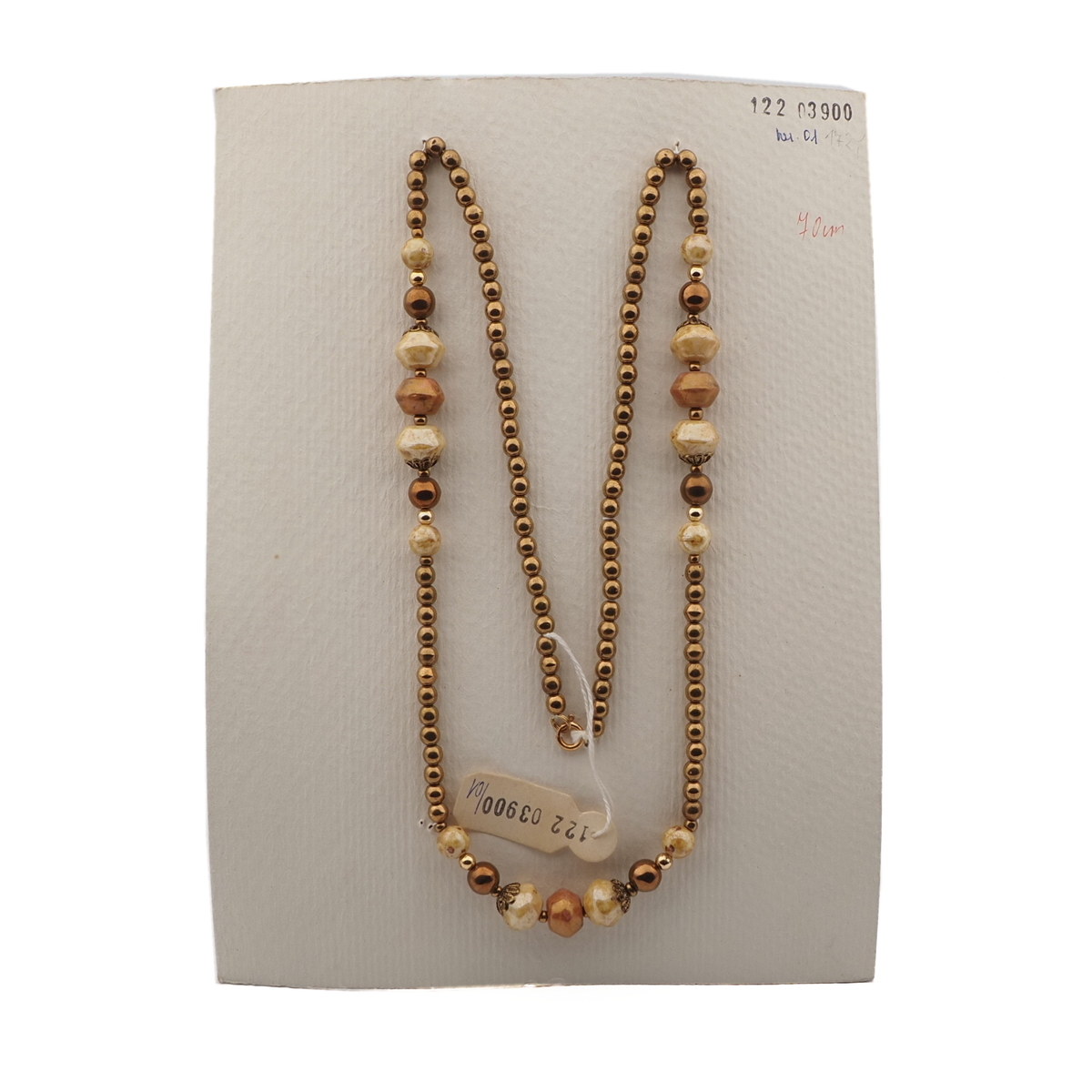 Vintage Czech necklace beige brown marble bronze glass beads 27"