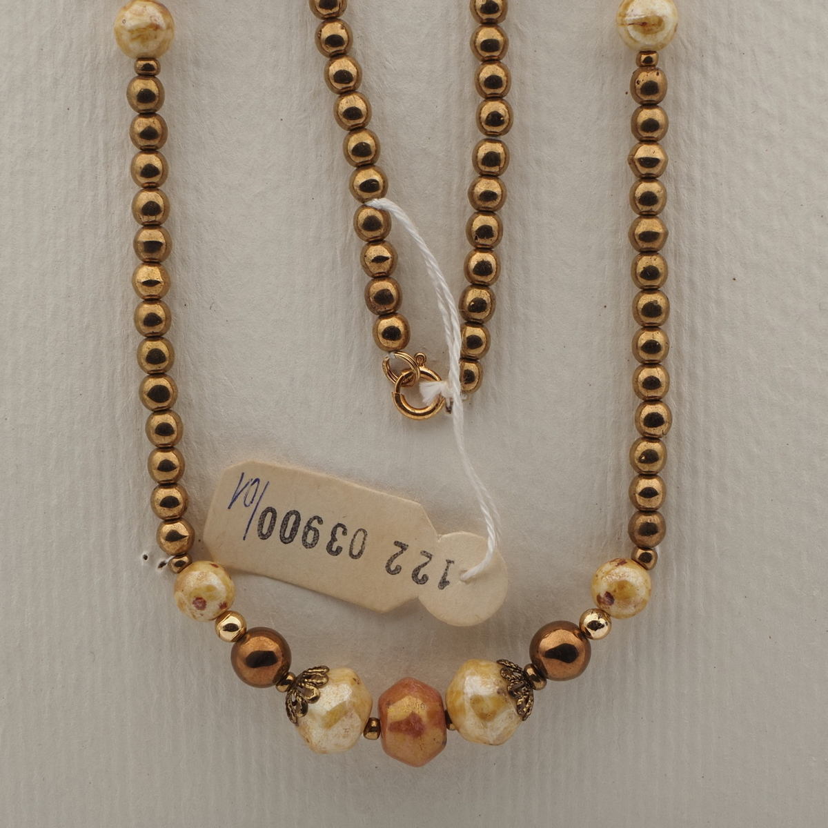 Vintage Czech necklace beige brown marble bronze glass beads 27"