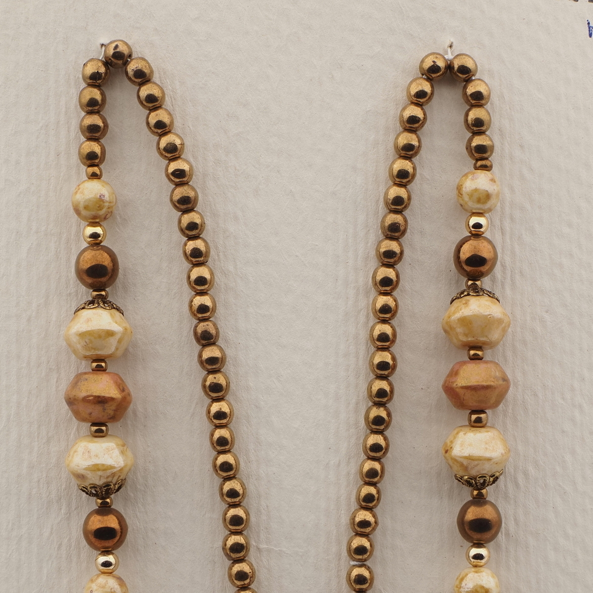 Vintage Czech necklace beige brown marble bronze glass beads 27"
