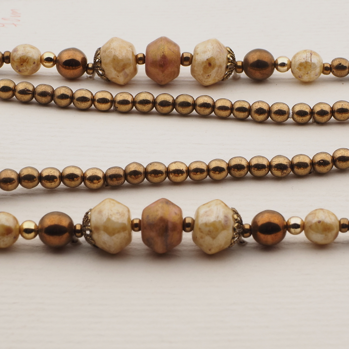 Vintage Czech necklace beige brown marble bronze glass beads 27"