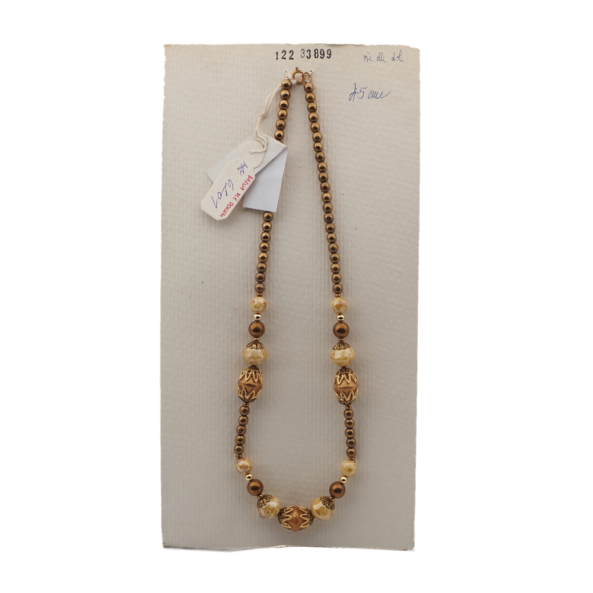 Vintage Czech necklace beige brown marble bronze glass beads 18"