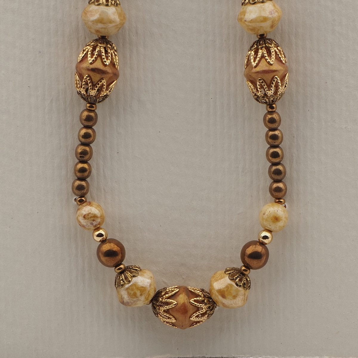 Vintage Czech necklace beige brown marble bronze glass beads 18"