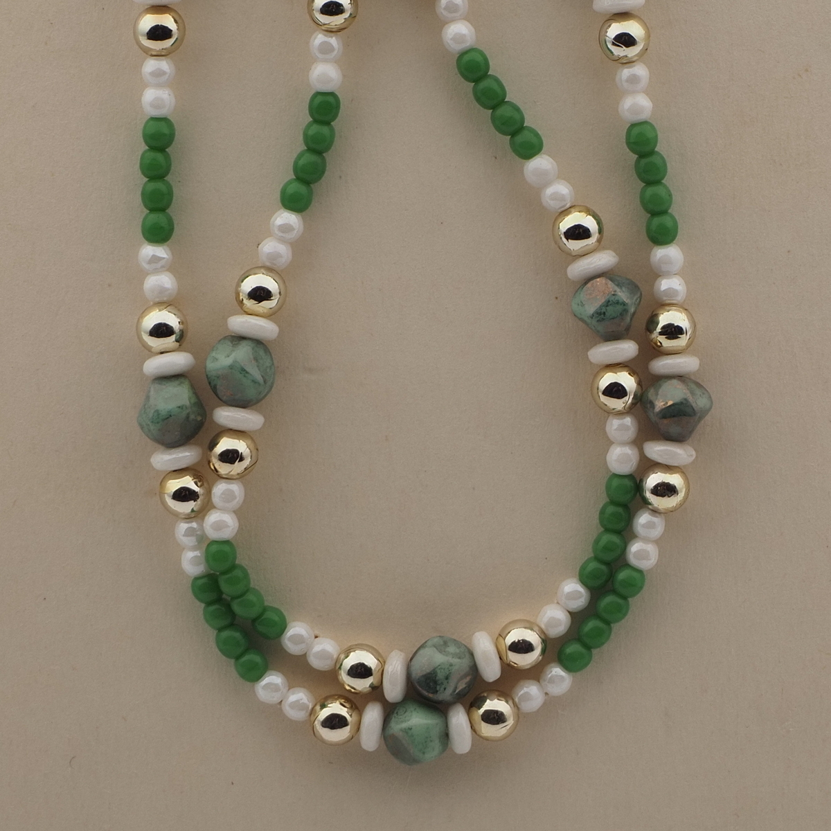 Vintage Czech 2 strand necklace green white lustre marble glass beads 
