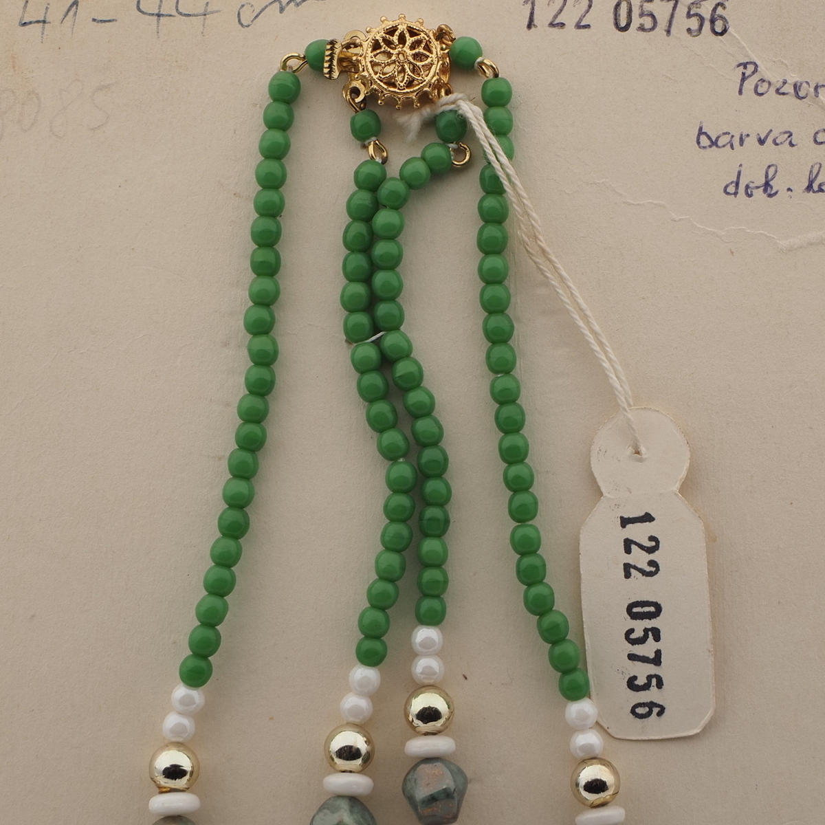 Vintage Czech 2 strand necklace green white lustre marble glass beads 