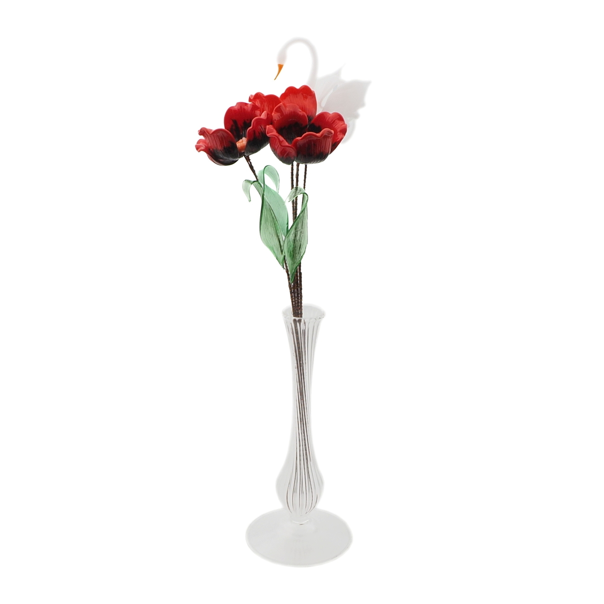 Czech lampwork glass bead red poppy flowers and white swan stem ornament