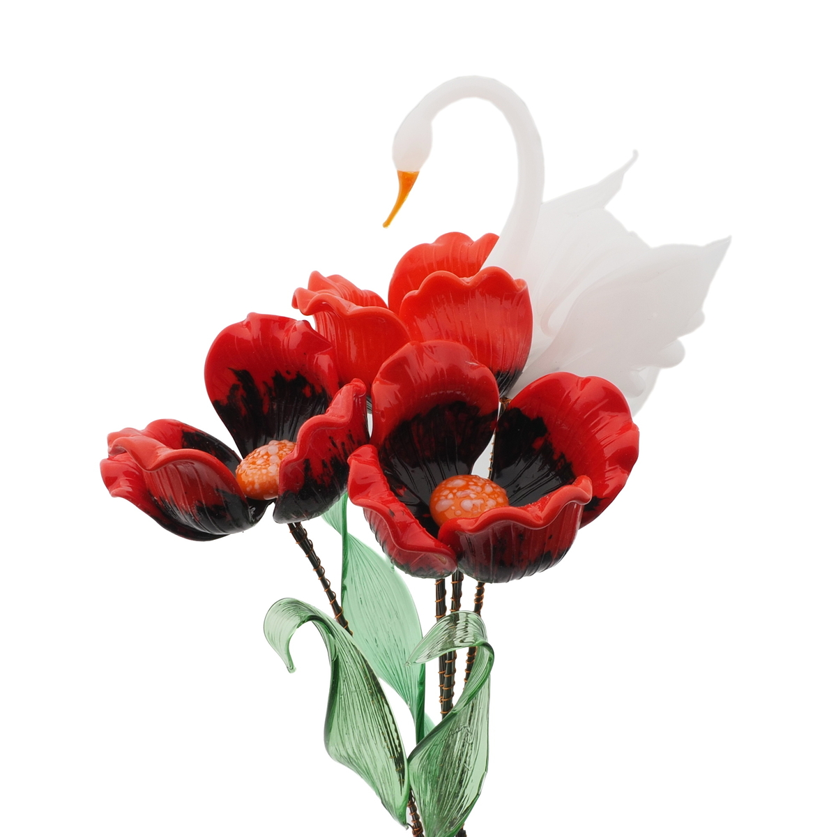 Czech lampwork glass bead red poppy flowers and white swan stem ornament