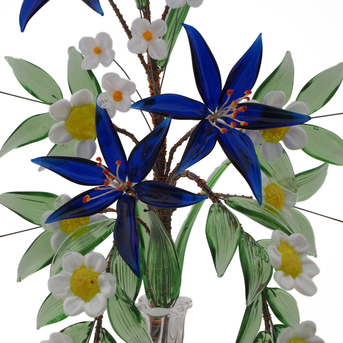 Czech lampwork glass bead blue white daisy flowers vase ornament