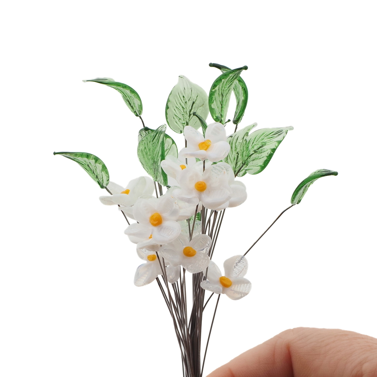 Lot (24) Czech lampwork glass green leaf white flower headpin glass beads