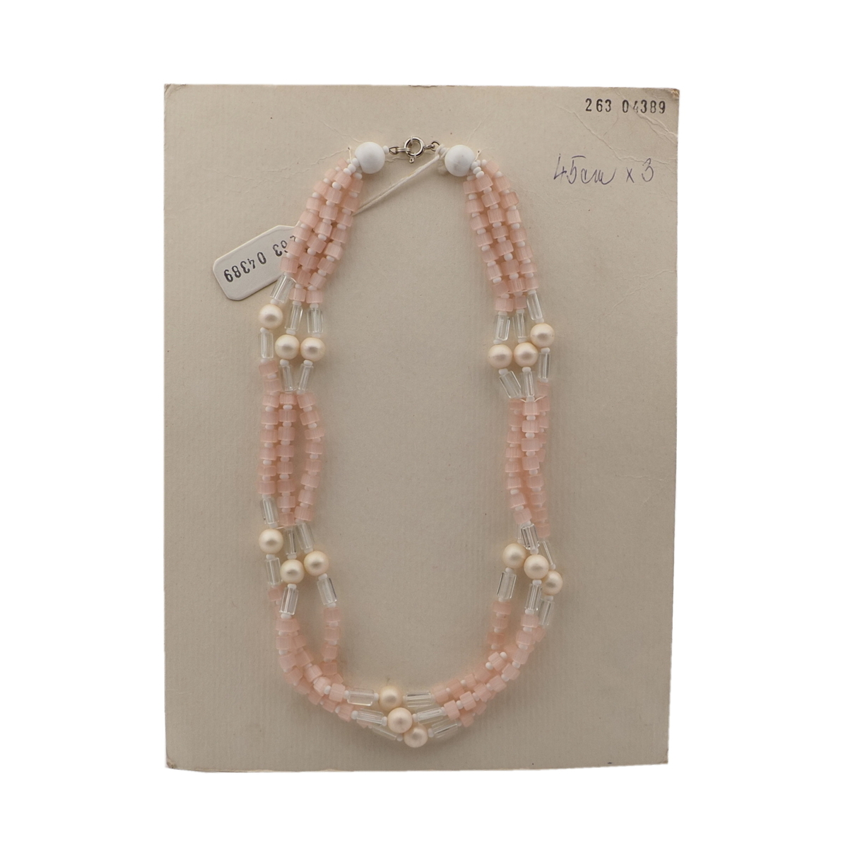 Vintage Czech 3 strand necklace pink satin atlas clear pearl glass beads 18"
