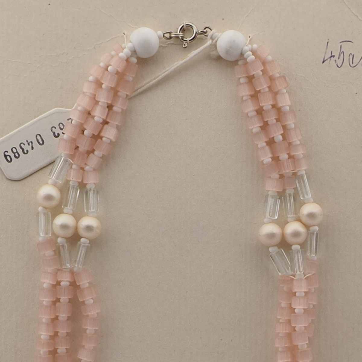 Vintage Czech 3 strand necklace pink satin atlas clear pearl glass beads 18"