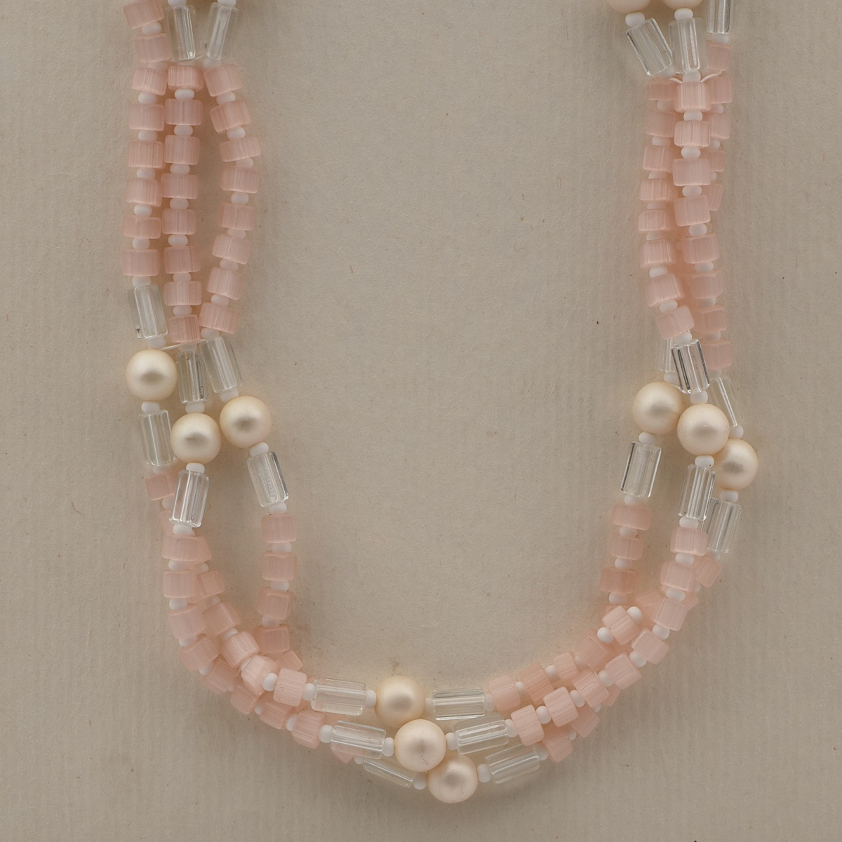 Vintage Czech 3 strand necklace pink satin atlas clear pearl glass beads 18"