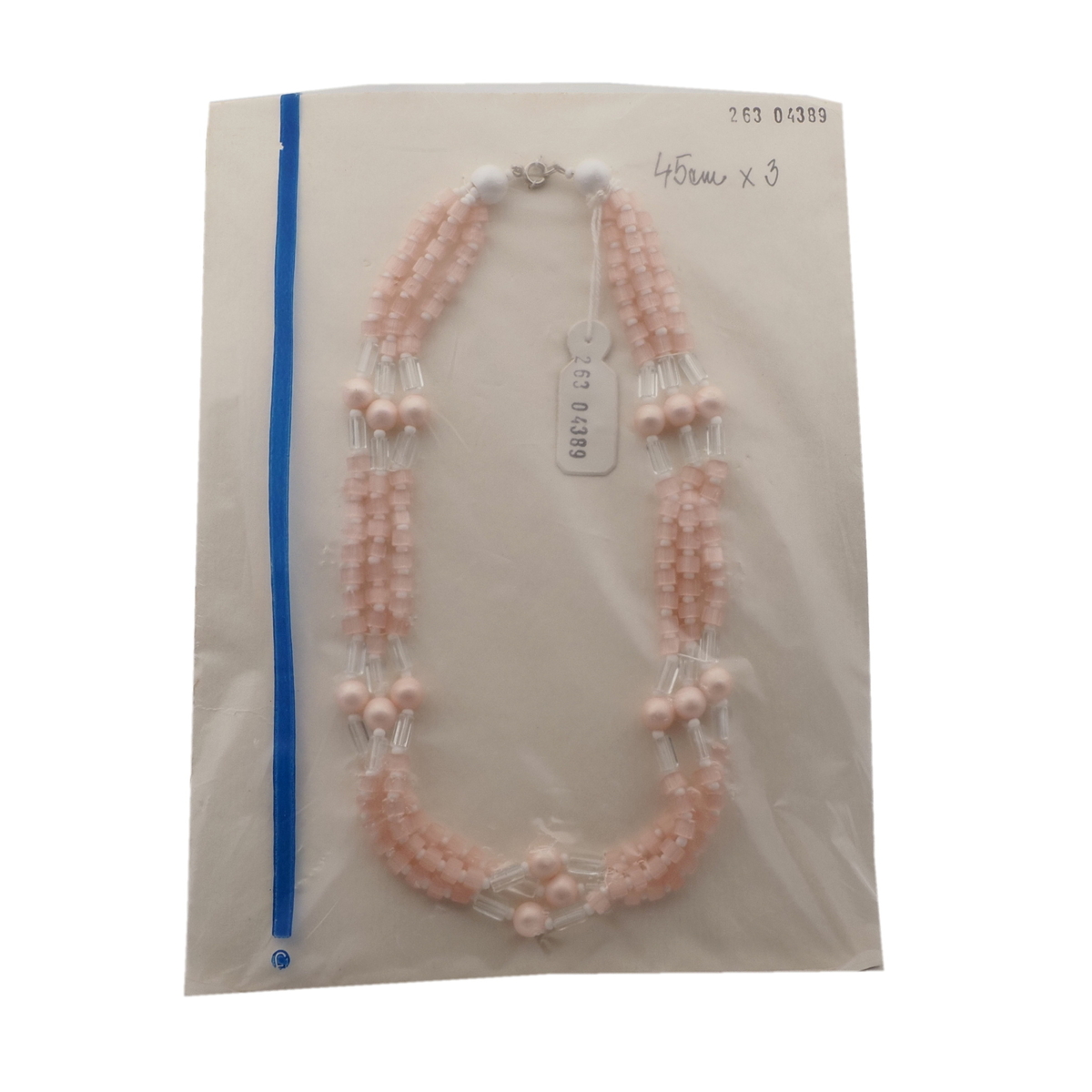 Vintage Czech 3 strand necklace pink satin atlas clear pearl glass beads 