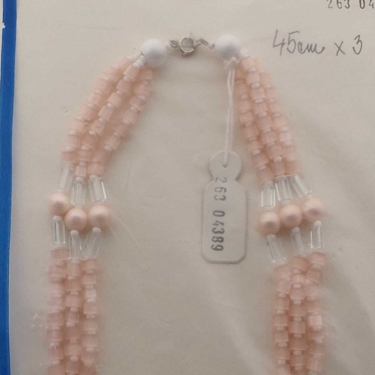 Vintage Czech 3 strand necklace pink satin atlas clear pearl glass beads 