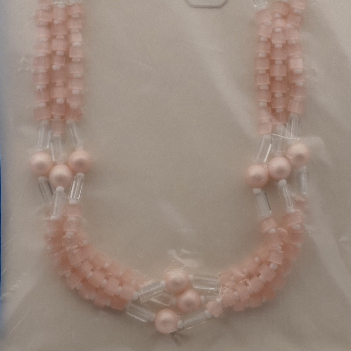 Vintage Czech 3 strand necklace pink satin atlas clear pearl glass beads 