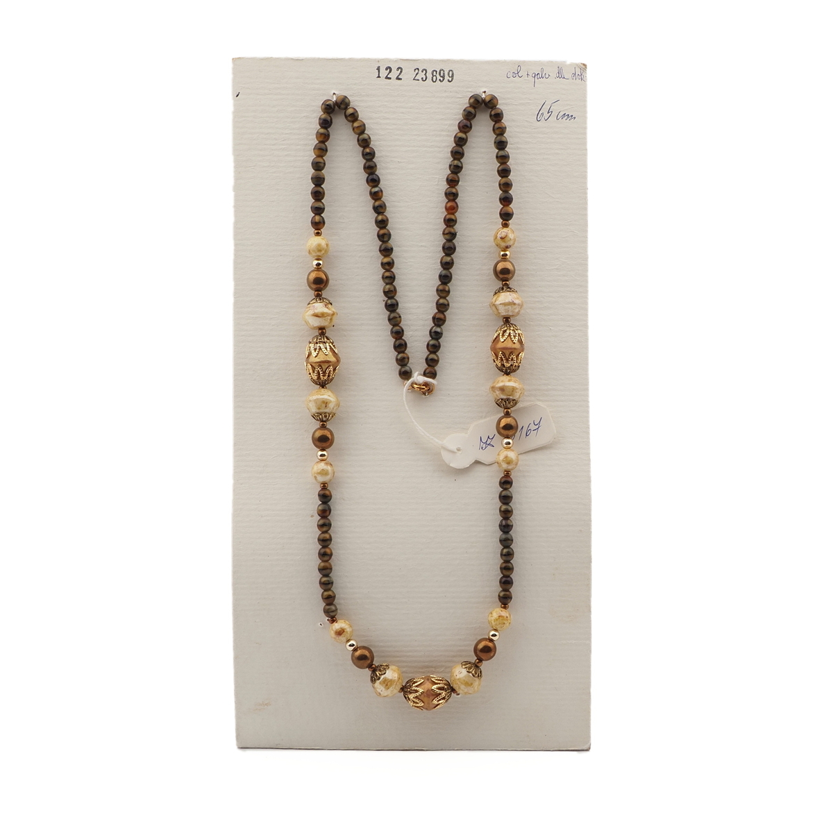 Vintage Czech necklace beige brown marble bronze glass beads 25"