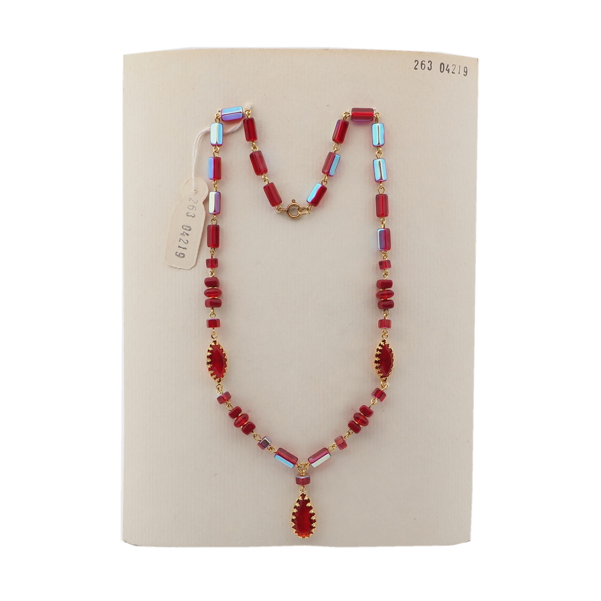Vintage Czech wired necklace vitrail red glass beads rhinestone pendant findings
