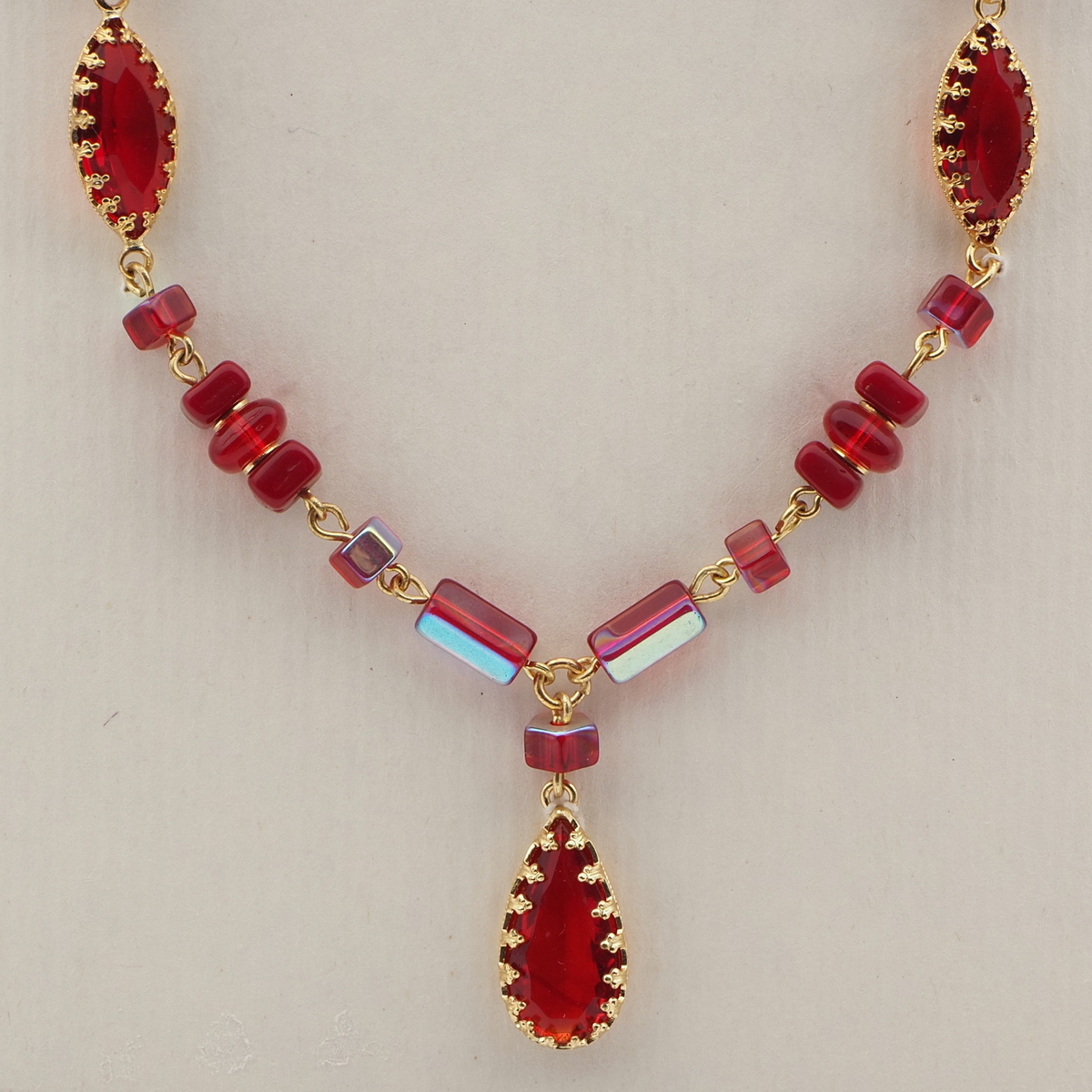 Vintage Czech wired necklace vitrail red glass beads rhinestone pendant findings