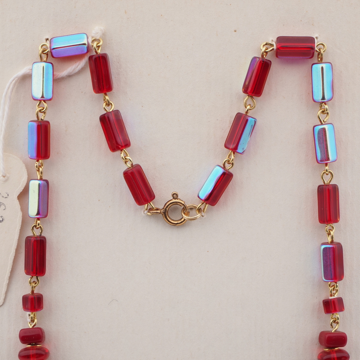 Vintage Czech wired necklace vitrail red glass beads rhinestone pendant findings