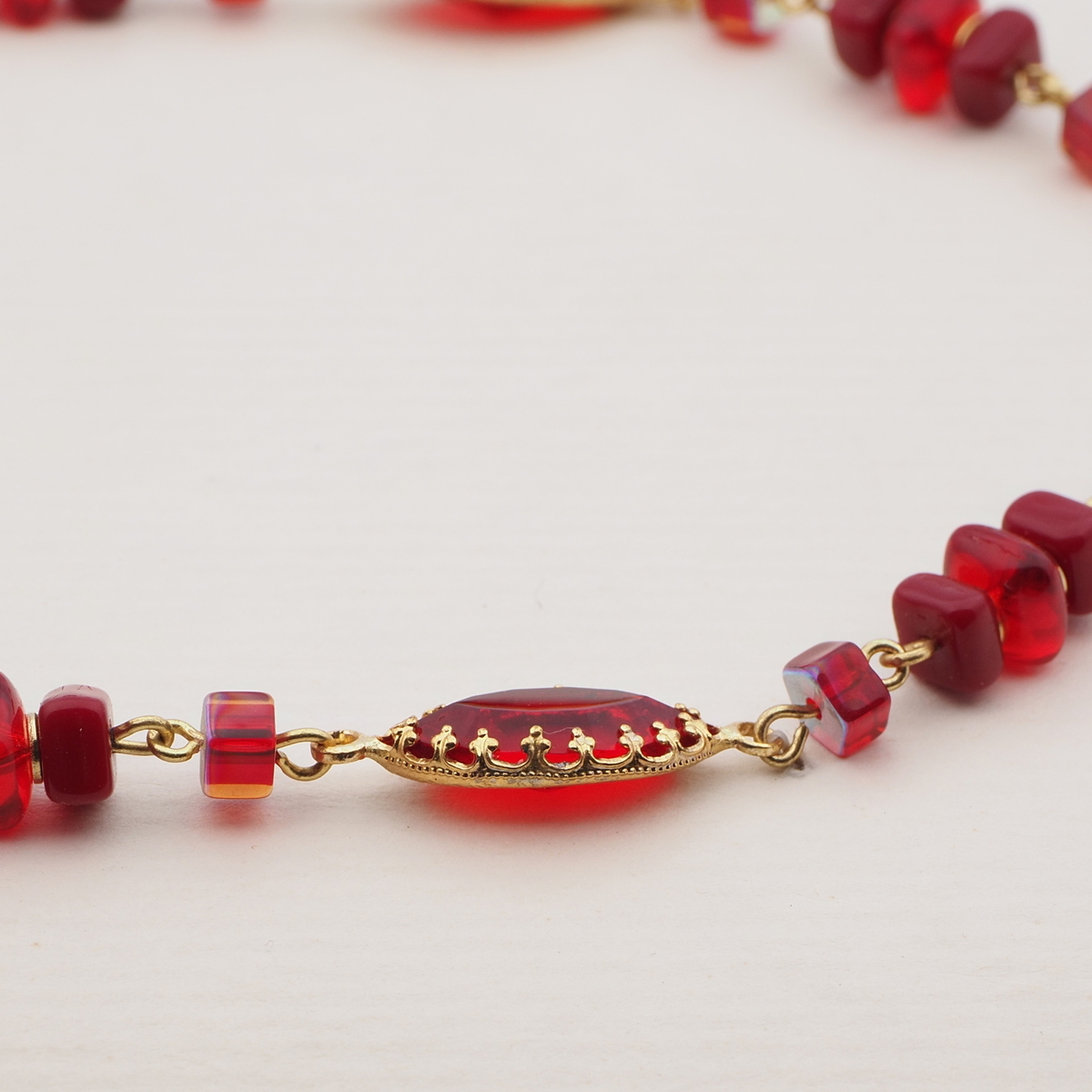Vintage Czech wired necklace vitrail red glass beads rhinestone pendant findings