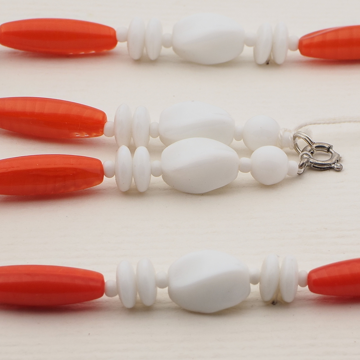 Vintage Czech necklace white orange red satin glass beads 