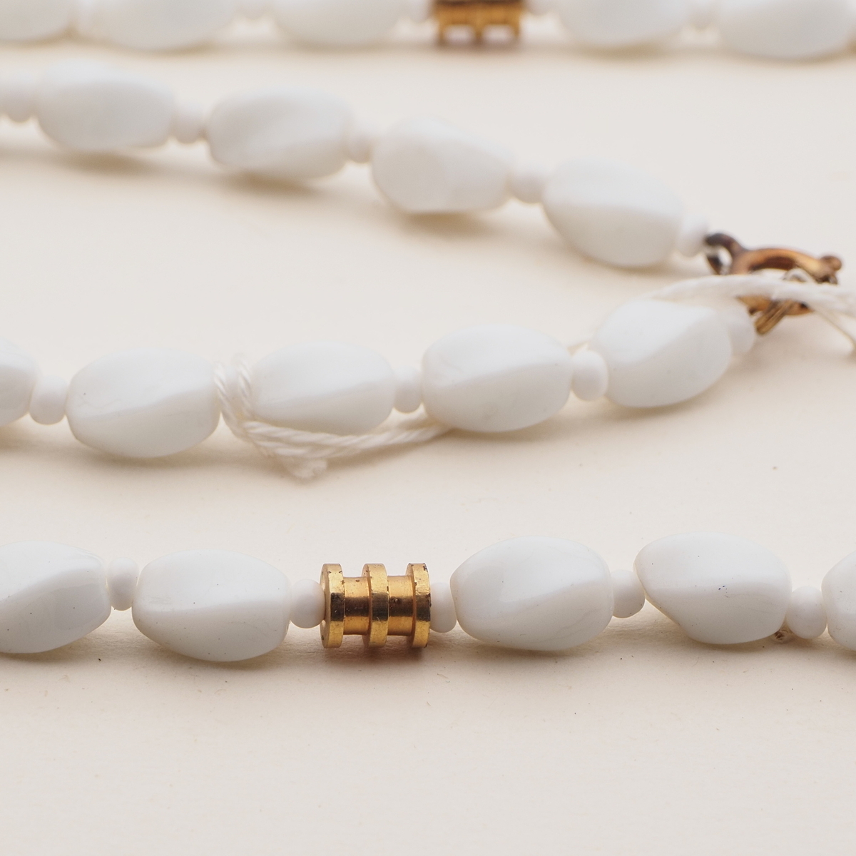 Vintage Czech necklace white oval twist glass beads 27" 