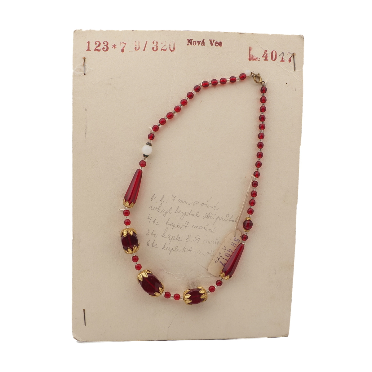 Czech vintage necklace red round oval square teardrop glass beads 
