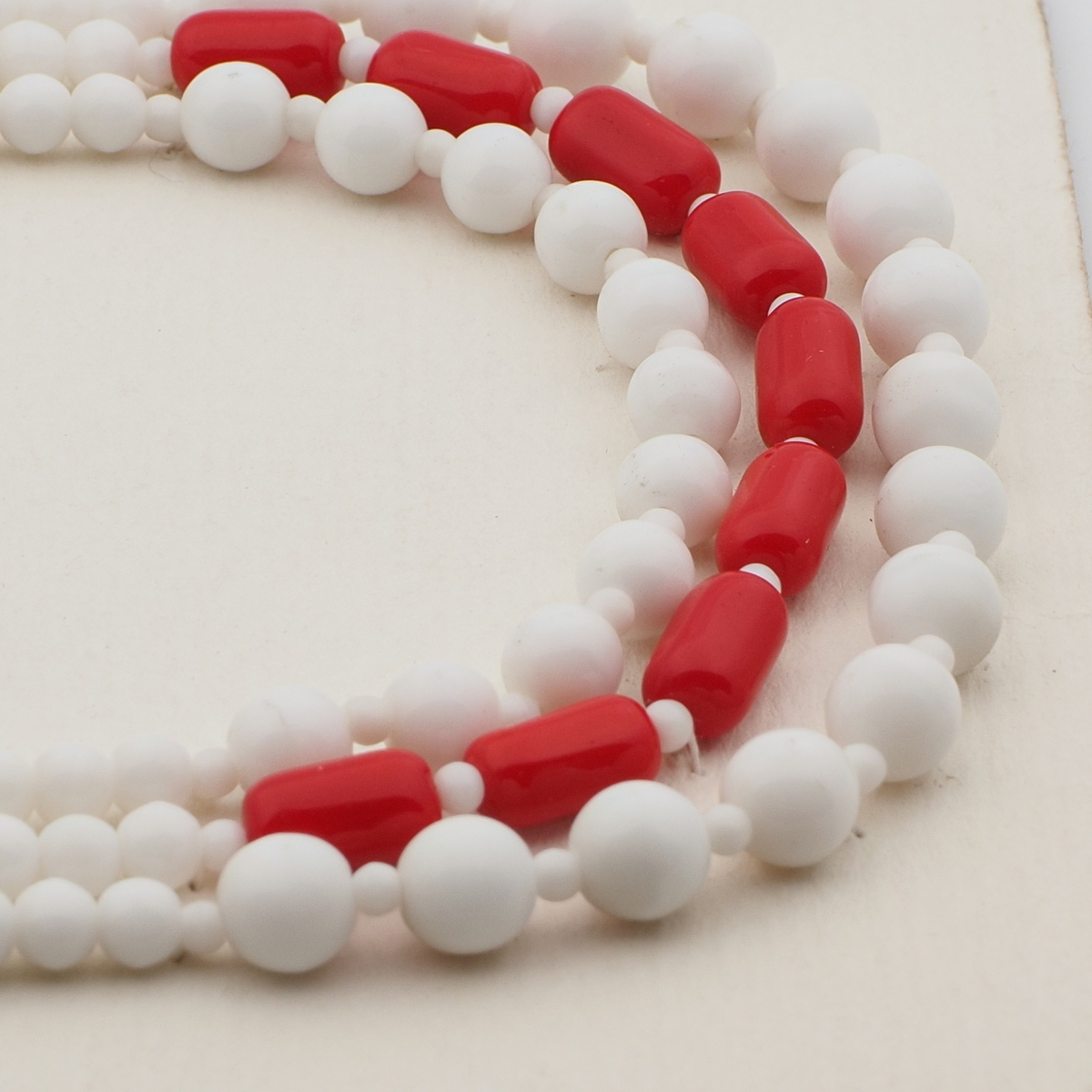 Vintage Czech 3 strand necklace white red glass beads 