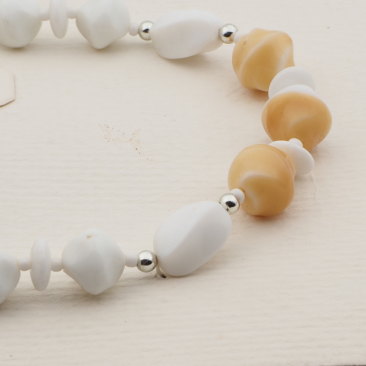 Vintage Czech necklace beige marble white glass beads 