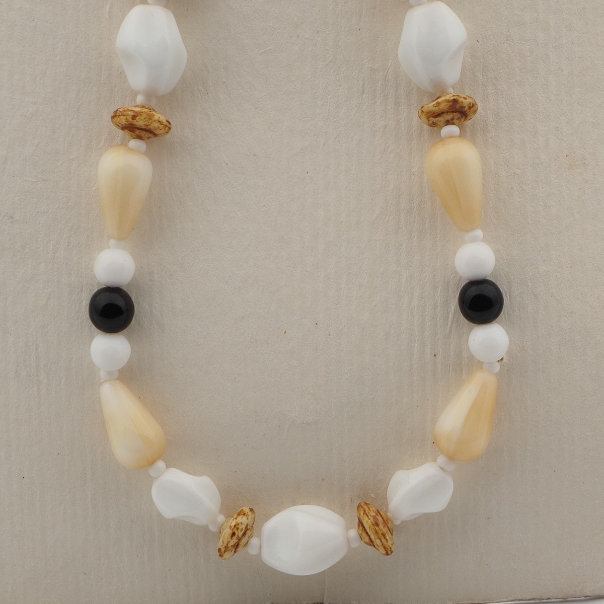 Vintage Czech necklace brown beige marble white glass beads 18"