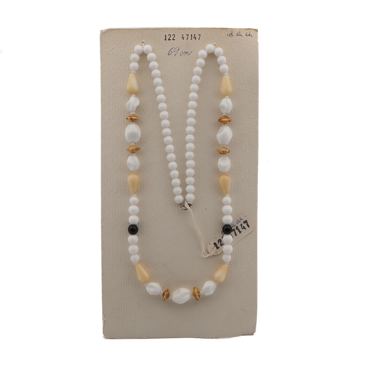 Vintage Czech necklace brown beige marble white glass beads 27"