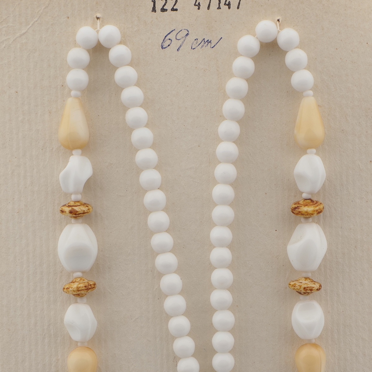 Vintage Czech necklace brown beige marble white glass beads 27"