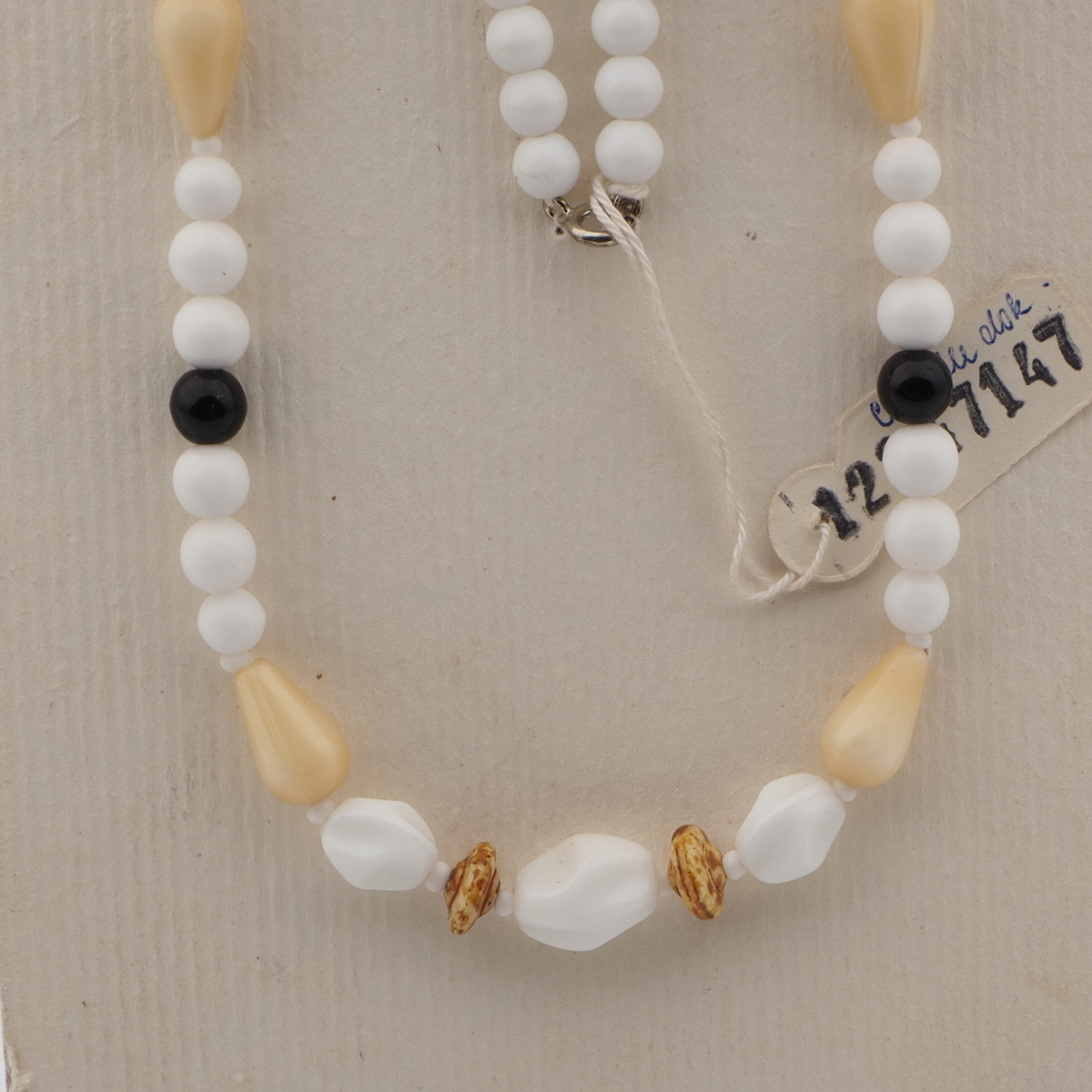 Vintage Czech necklace brown beige marble white glass beads 27"
