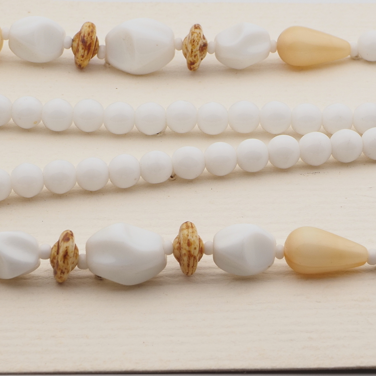 Vintage Czech necklace brown beige marble white glass beads 27"