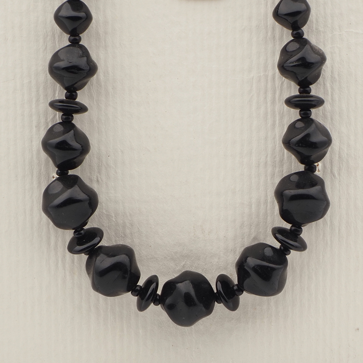 Vintage Czech necklace black round rondelle nugget glass beads