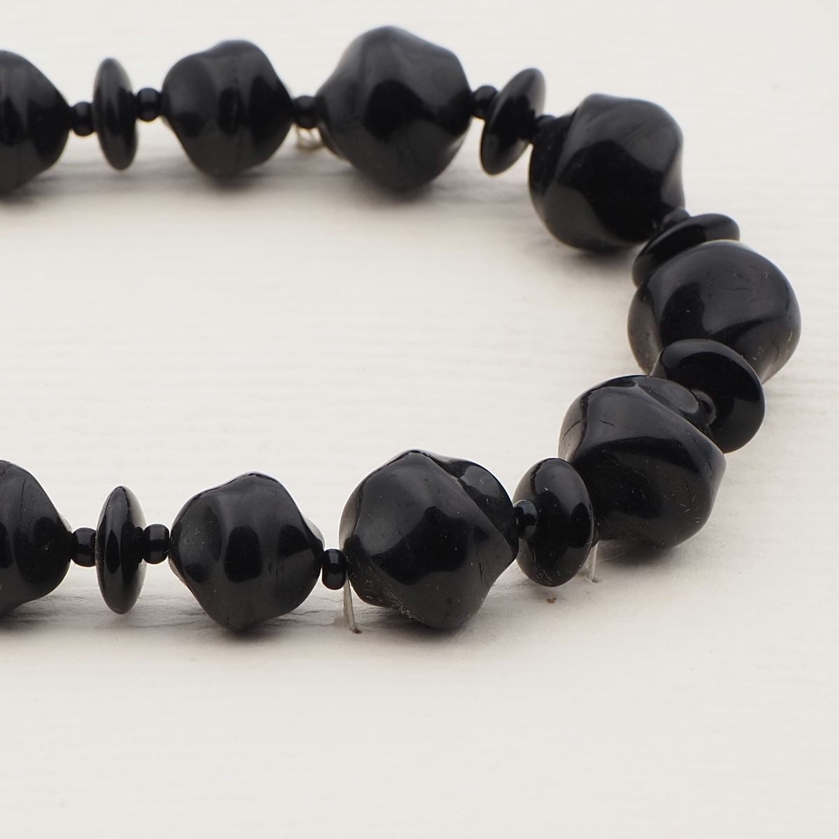 Vintage Czech necklace black round rondelle nugget glass beads