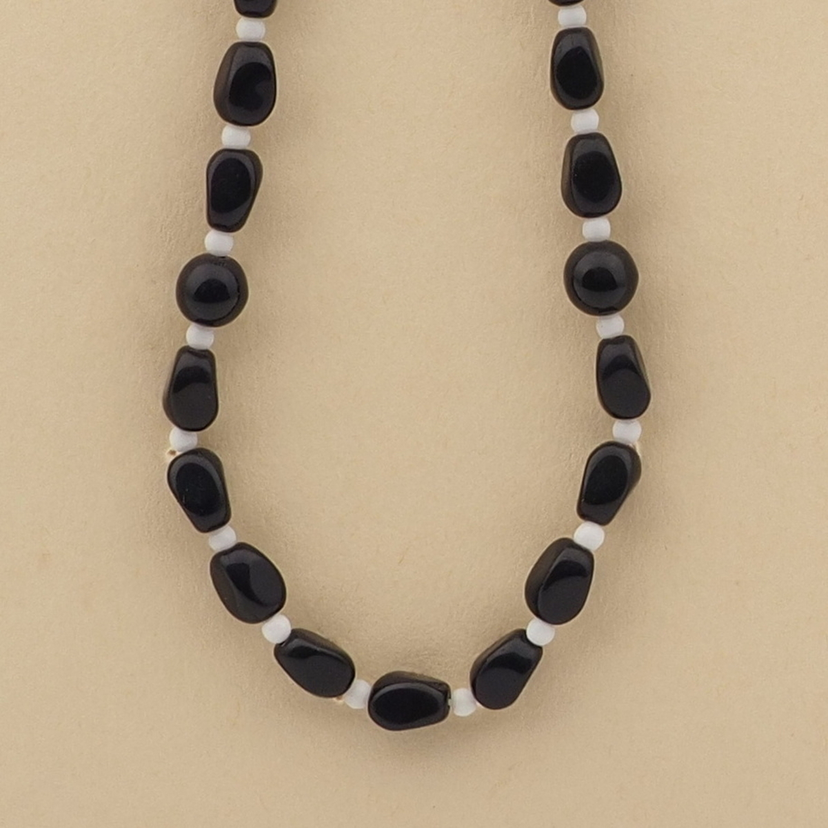 Vintage Czech necklace black round rectangle glass beads 16"