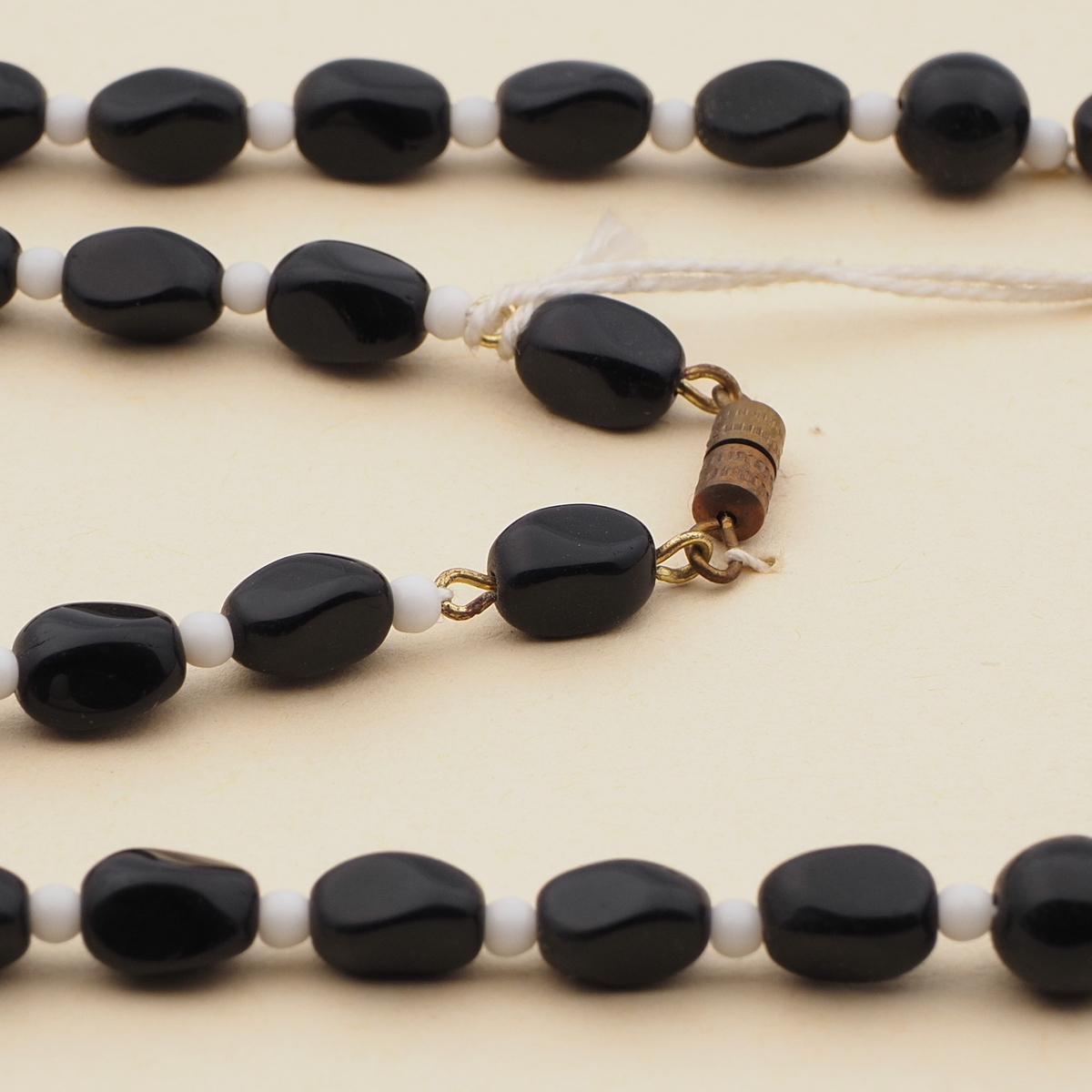 Vintage Czech necklace black round rectangle glass beads 23"