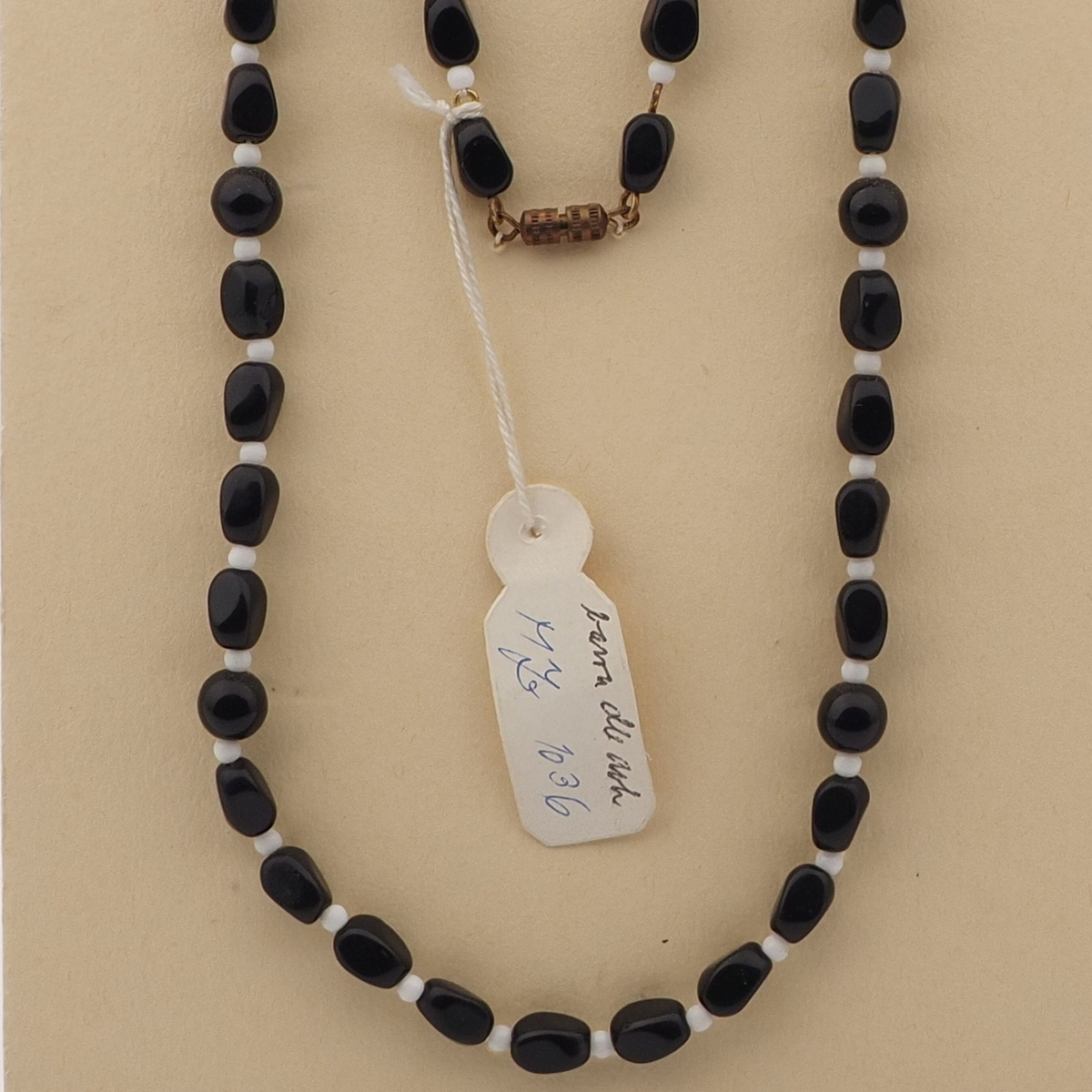 Vintage Czech necklace black round rectangle glass beads 27"